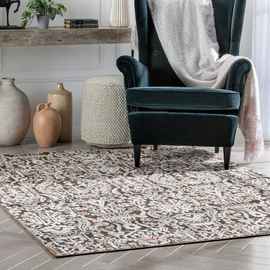 Ahote Vintage Floral Damask Pattern Grey Textured Rug