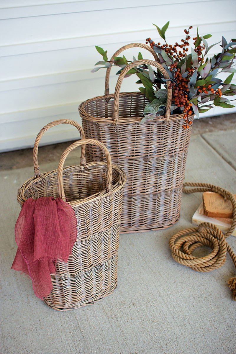 Tall Oval Wicker Baskets with Handles - Set of 2