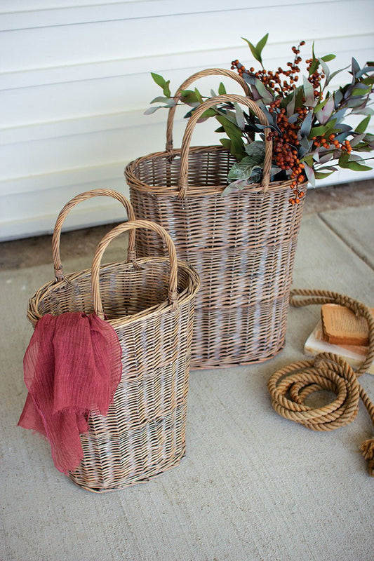 Tall Oval Wicker Baskets with Handles - Set of 2