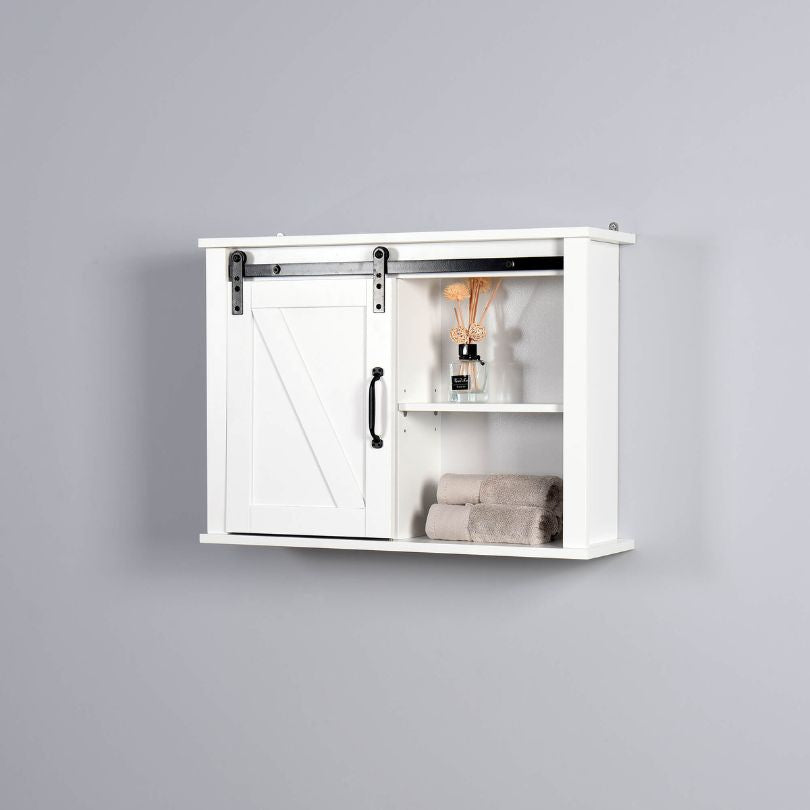 White Wall-Mounted Space-Saver Cabinet with Sliding Barn Door