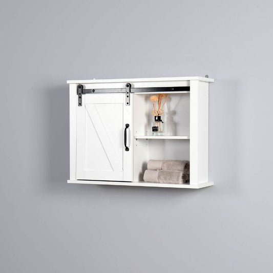 White Wall-Mounted Space-Saver Cabinet with Sliding Barn Door