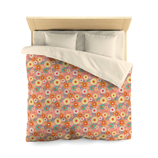Retro Flowers Duvet Cover, 70s Vintage Pink Floral Microfiber Full Queen King Twin XL Unique Groovy Bed Home Bedding Bedroom Decor Starcove Fashion