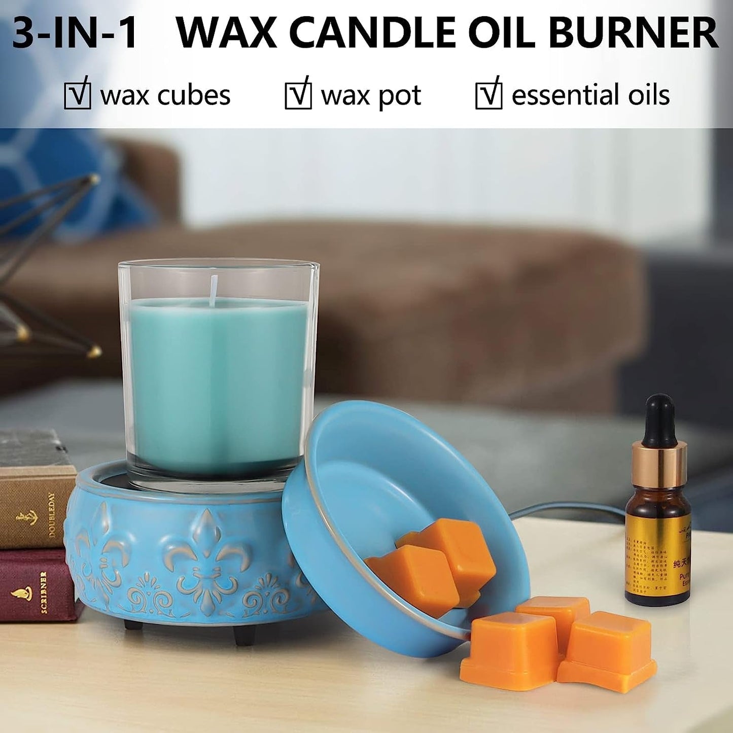 Tepaken Ceramic Wax Melt Warmer 3-In-1 Electric Scented Candle Wax Warmer, Scented Wax Block Essential Oil Burner for Aromatherapy Home Office Decor and Birthday Gift, Blue