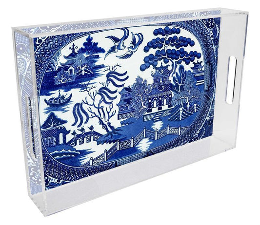 Blue Willow Lucite Tray, Available in Two Different Sizes