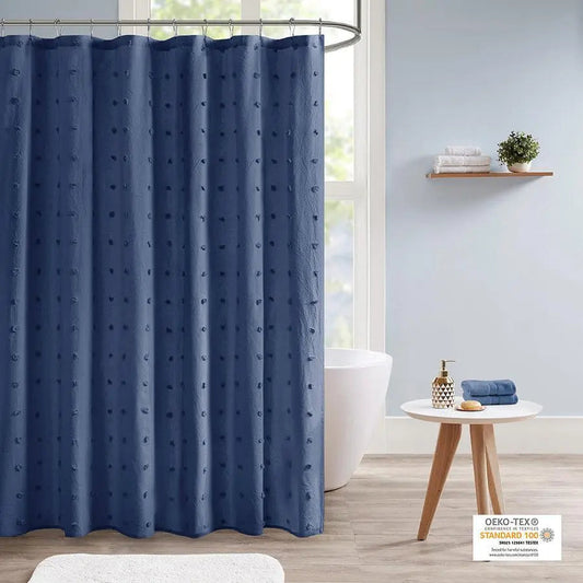 Brooklyn Cotton Jacquard Pom Pom Shower Curtain Indigo Blue