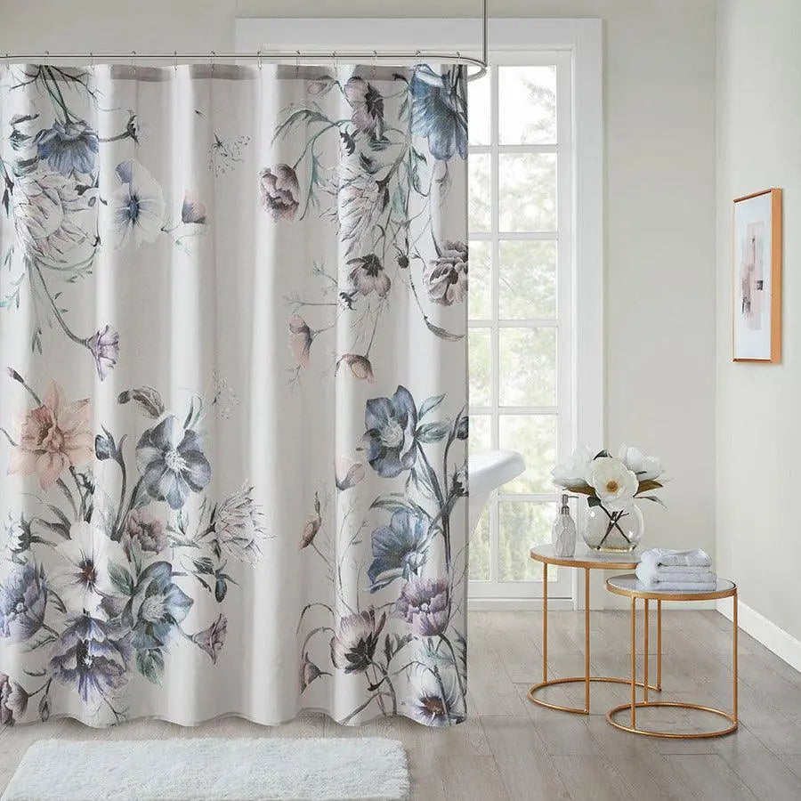 Cassandra Printed Cotton Shower Curtain Blue