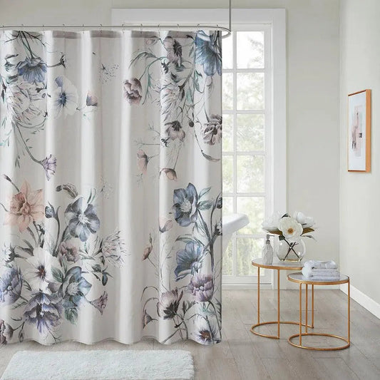 Cassandra Printed Cotton Shower Curtain Blue