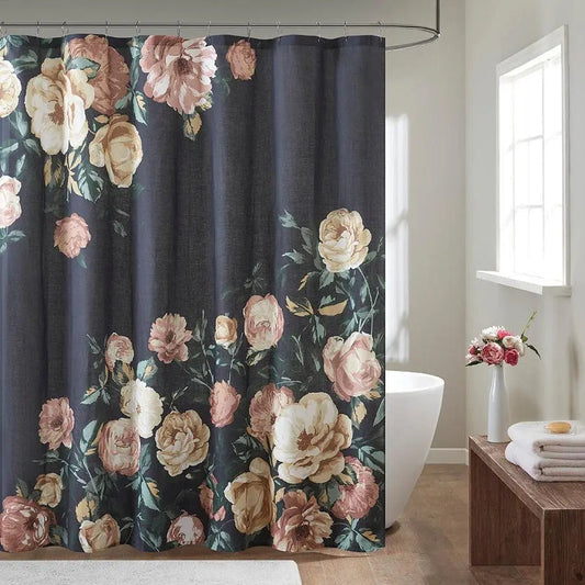 Charisma Cotton Floral Printed Shower Curtain Navy