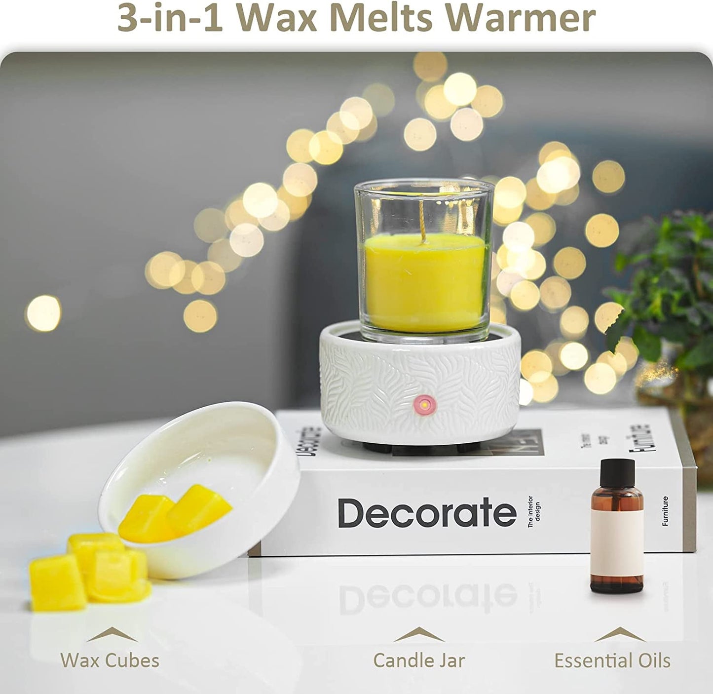 Wax Melts Candle Warmer Burner - Ceramic Fragrance Wax Warmer 3-In-1 Essential Oil Burner Electric Scented Fragrance Candle Melter for Scented Wax Tart Cube Aromatherapy Home Office Bedroom Gifts