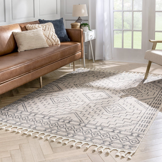 Zafer Tribal Geometric Pattern Ivory Kilim-Style Rug