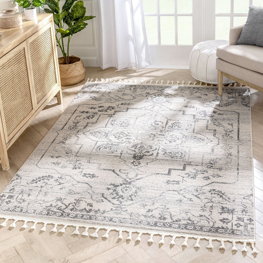 Valentina Oriental Medallion Pattern Ivory Grey Kilim-Style Rug