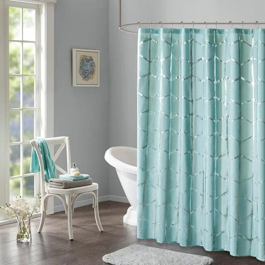 Raina Printed Metallic Shower Curtain Aqua & Silver