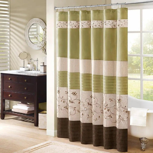 Serene Faux Silk Embroidered Floral Shower Curtain Green