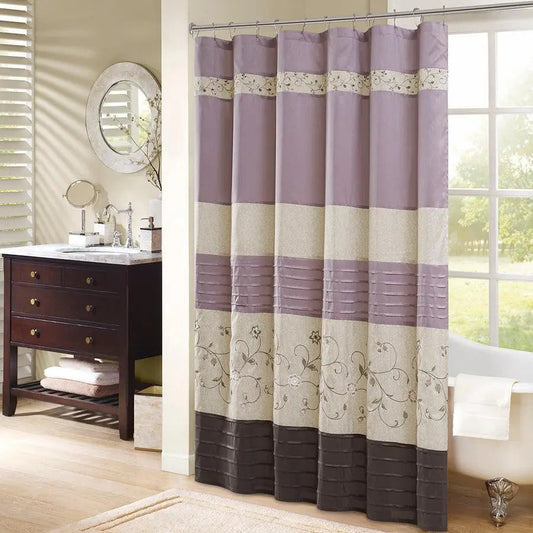 Serene Faux Silk Embroidered Floral Shower Curtain Purple
