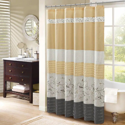 Serene Faux Silk Embroidered Floral Shower Curtain Yellow