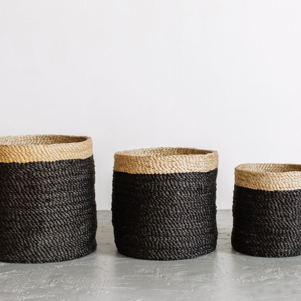 Tall Round Jute Storage Baskets Charcoal Natural Band Baskets Will & Atlas Set of Three