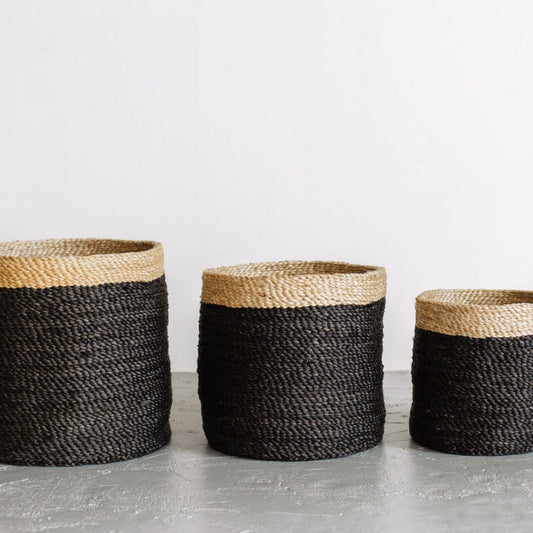 Tall Round Jute Storage Baskets Charcoal Natural Band Baskets Will & Atlas Set of Three