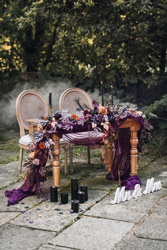 9ft Head Table Flower Garland in Twilight Purple & Harvest Orange